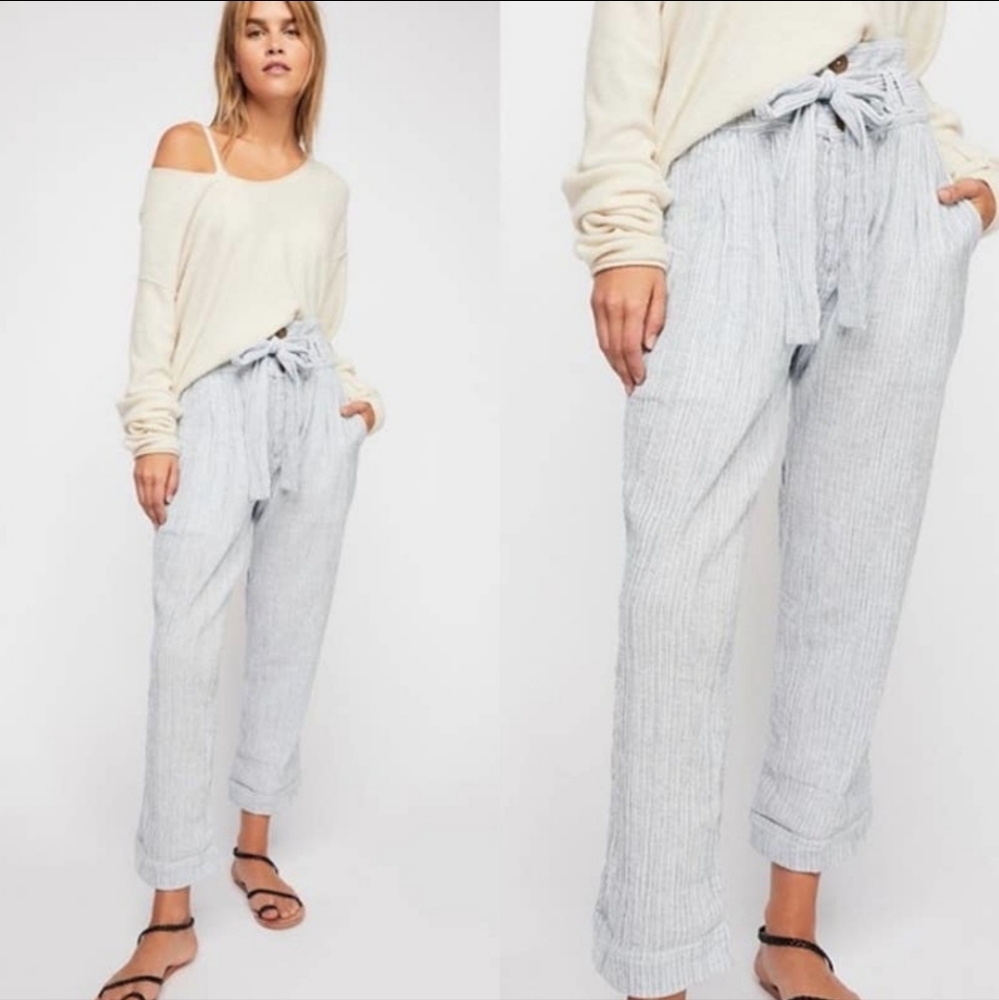 Free People Rumors Yarn Dye Belted Harem Crop Pants Green White Stripes 4